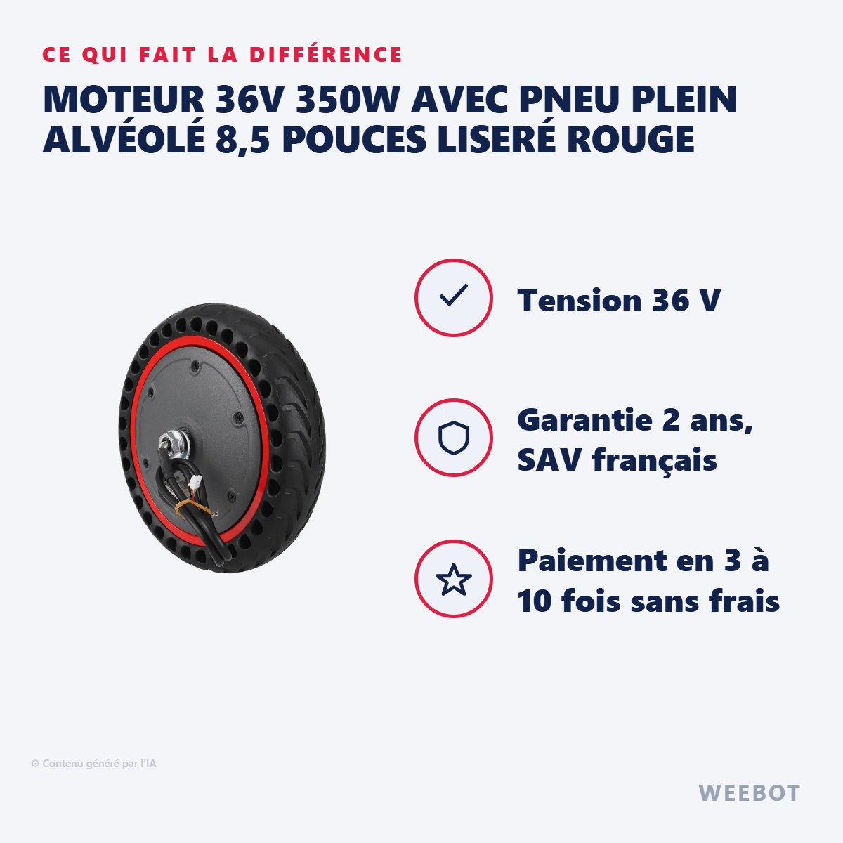 Moteur 36V 350W avec Pneu Plein Alvéolé 8,5 Pouces Liseré Rouge : les points forts