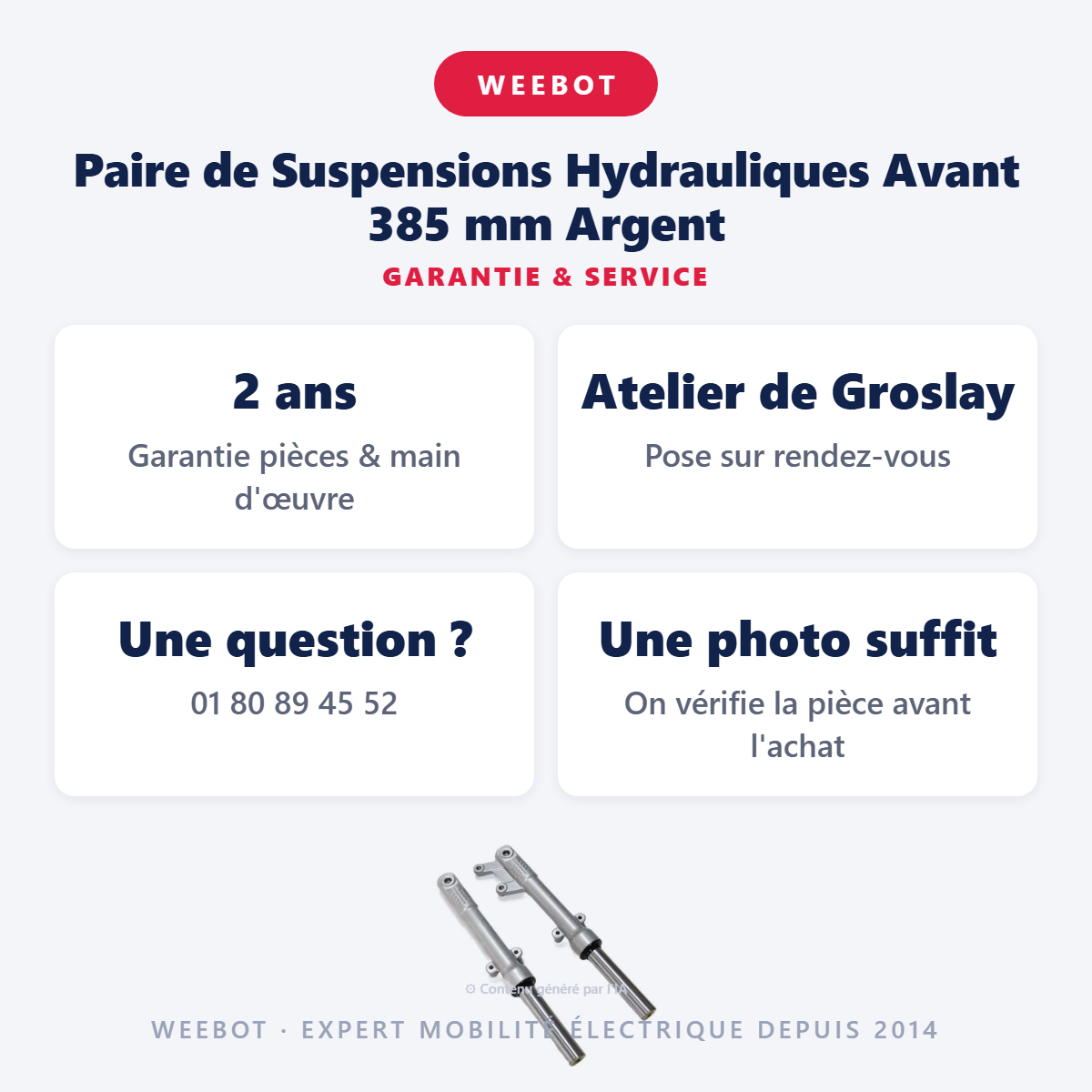Paire de Suspensions Hydrauliques Avant 385 mm Argent : garantie 2 ans et service après-vente