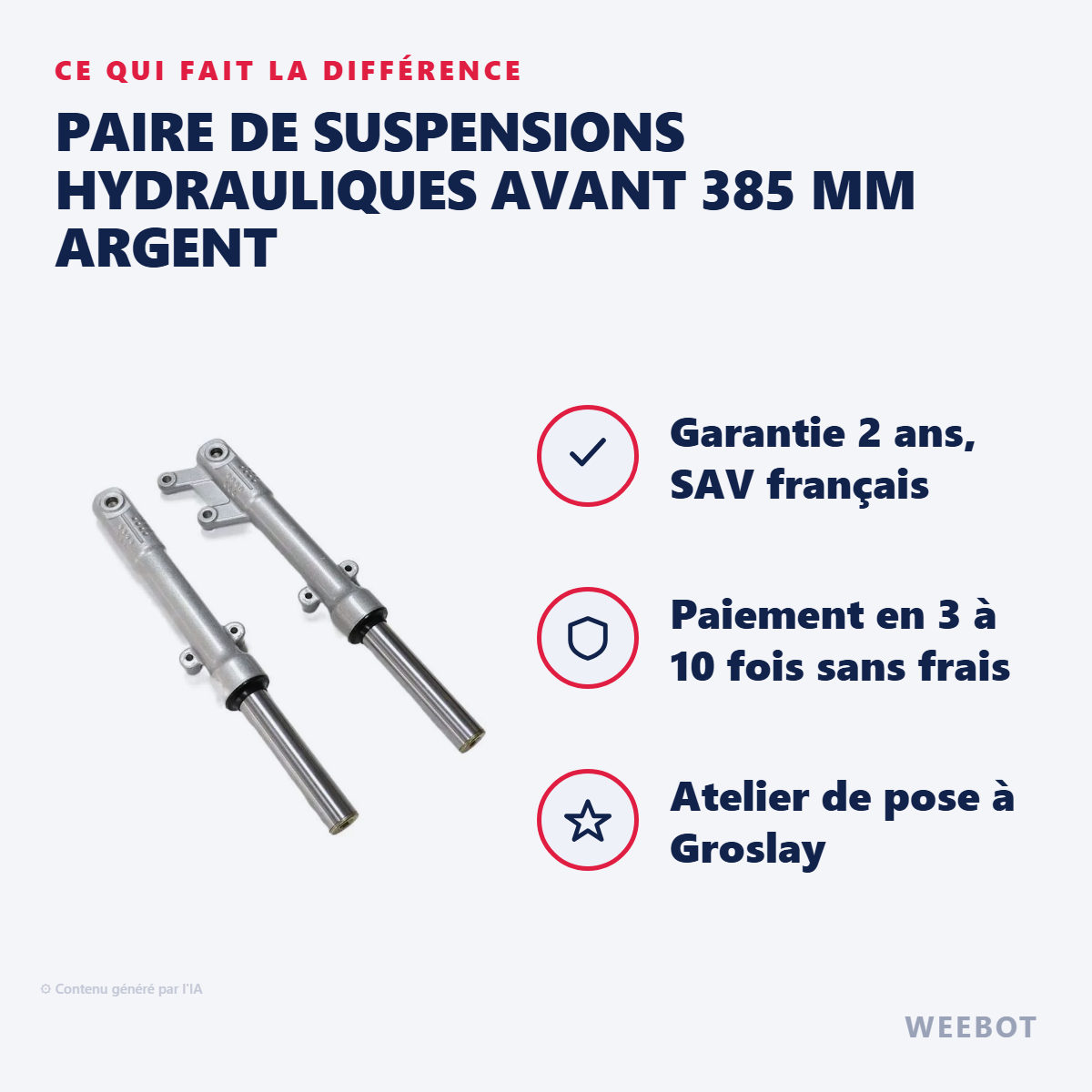 Paire de Suspensions Hydrauliques Avant 385 mm Argent : les points forts