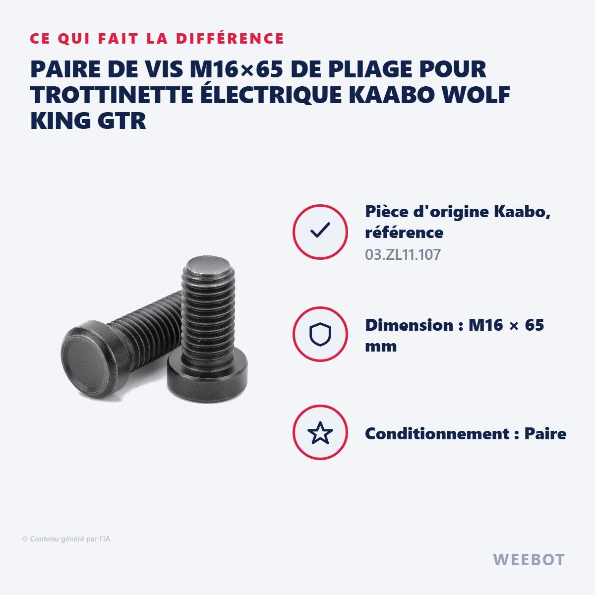 Paire de Vis M16×65 de Pliage pour Trottinette Électrique Kaabo Wolf King GTR - Weebot