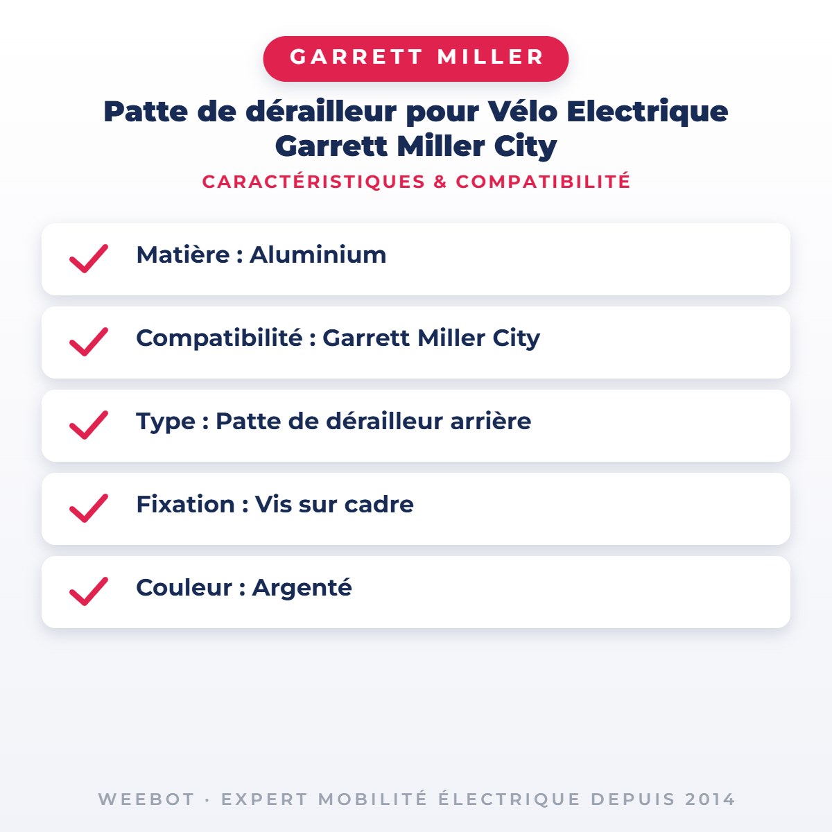 Patte de dérailleur pour Vélo Electrique Garrett Miller City — caractéristiques et compatibilité