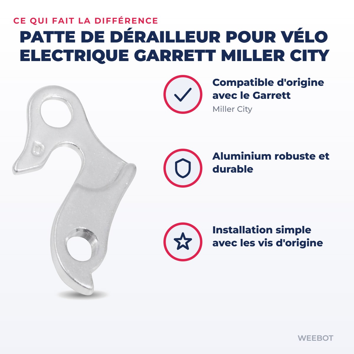 Patte de dérailleur pour Vélo Electrique Garrett Miller City — points forts : Compatible d'origine avec le Garrett