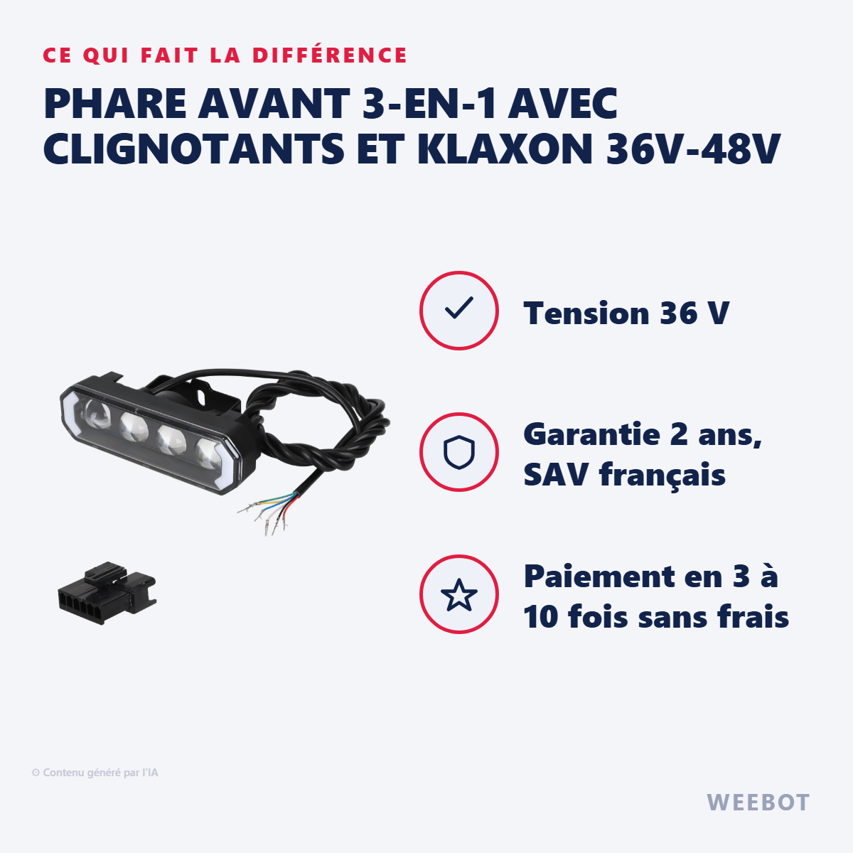 Phare Avant 3-en-1 avec Clignotants et Klaxon 36V-48V : les points forts