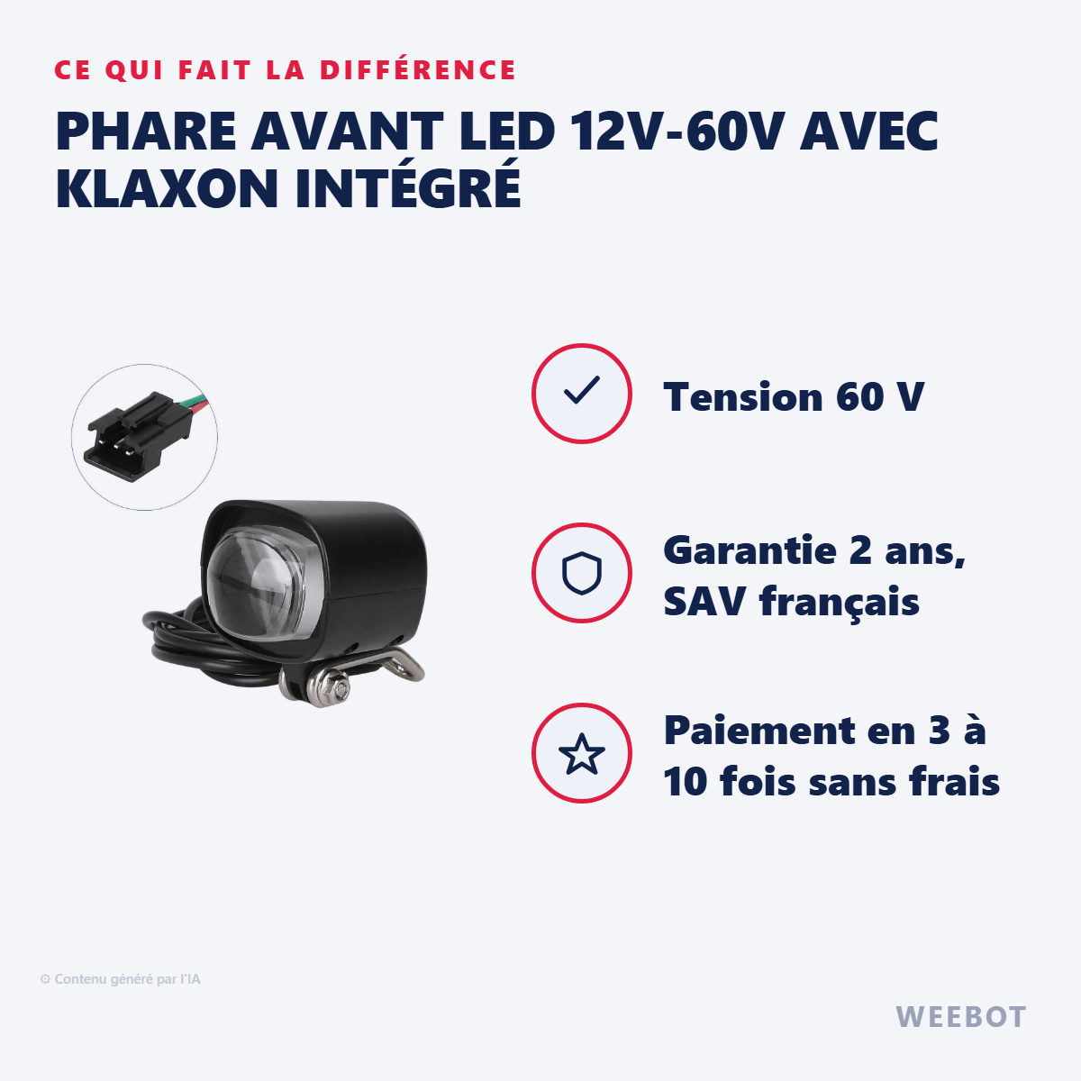 Phare Avant LED 12V-60V avec Klaxon Intégré : les points forts