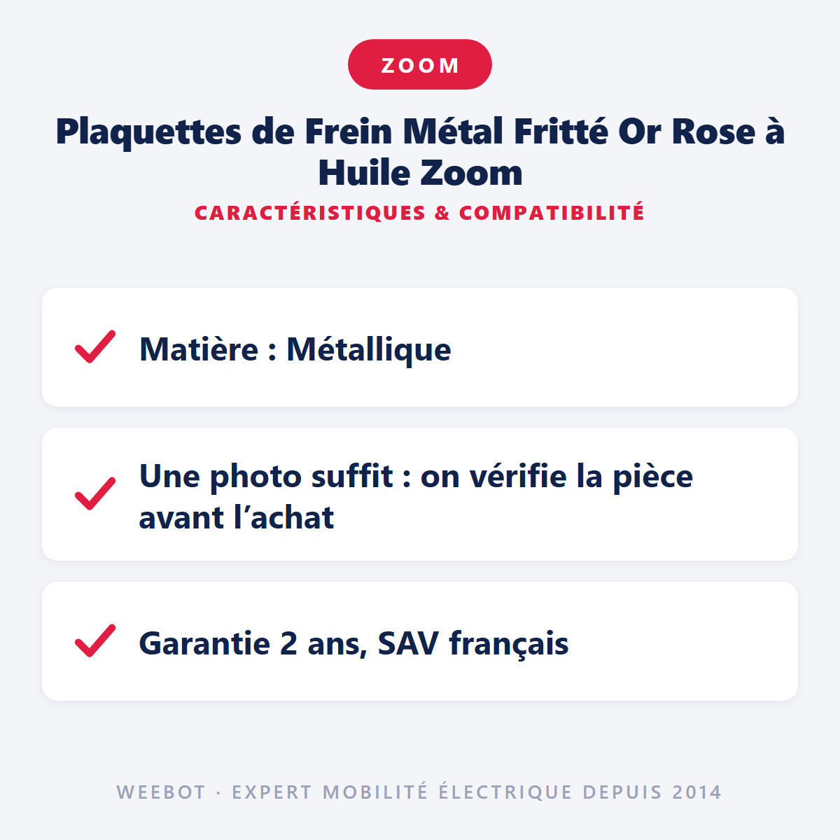 Plaquettes de Frein Métal Fritté Or Rose à Huile Zoom : caractéristiques et compatibilité
