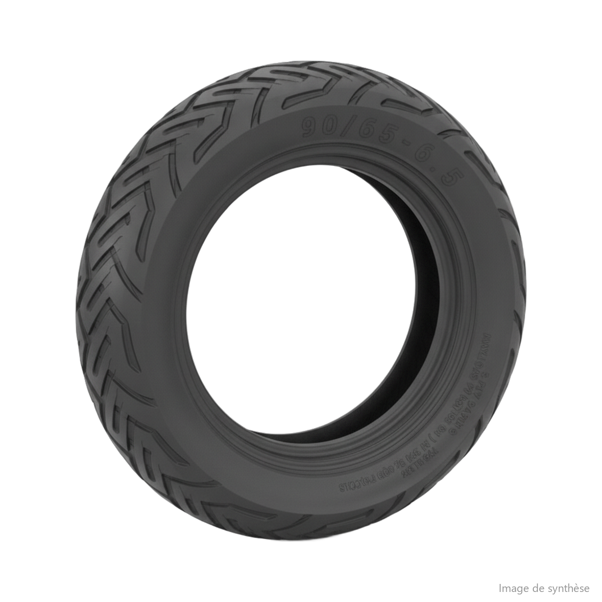 Schéma d'un pneu tubeless 11 pouces 90/65-6.5 vu de trois-quarts.