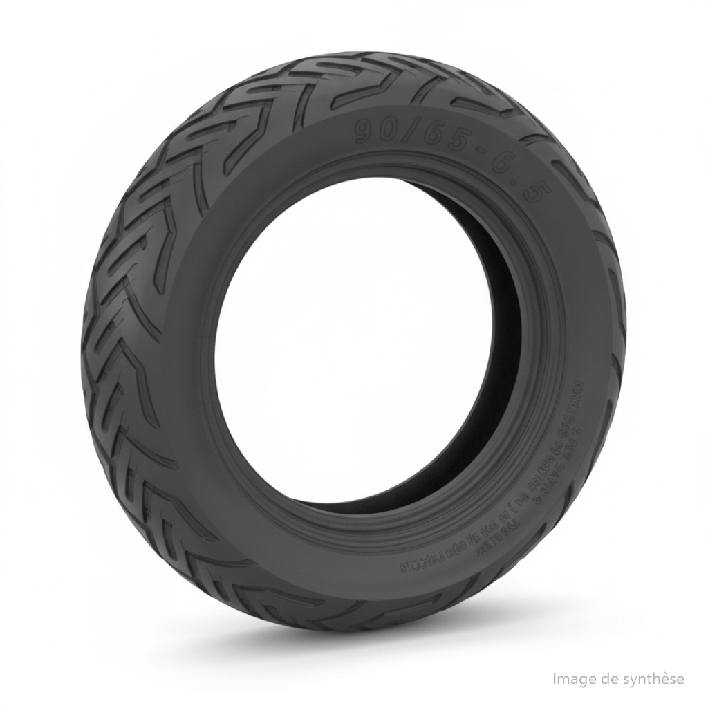 Schéma d'un pneu tubeless 11 pouces 90/65-6.5 vu de trois-quarts.