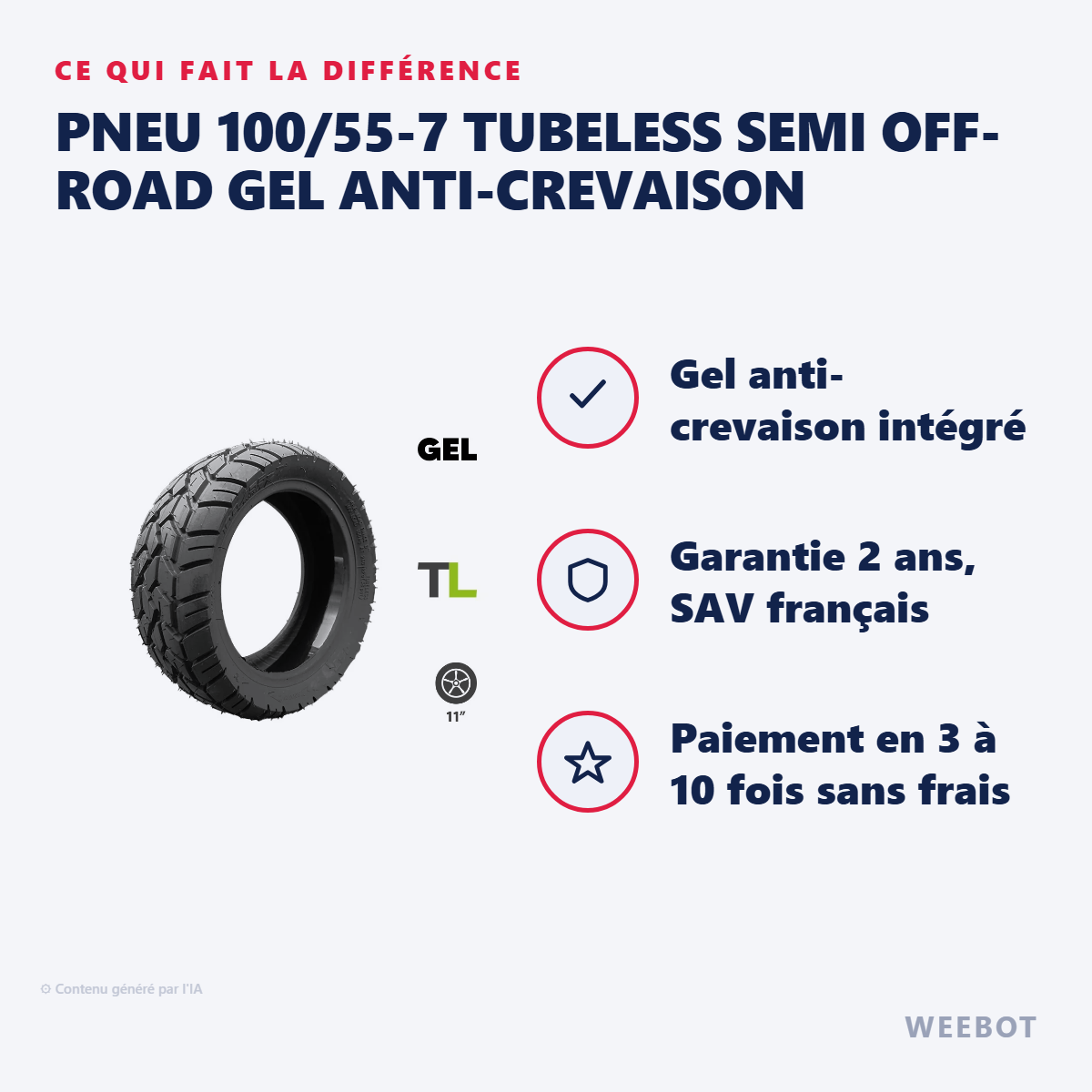 Pneu 100/55-7 Tubeless Semi Off-Road Gel Anti-Crevaison : les points forts
