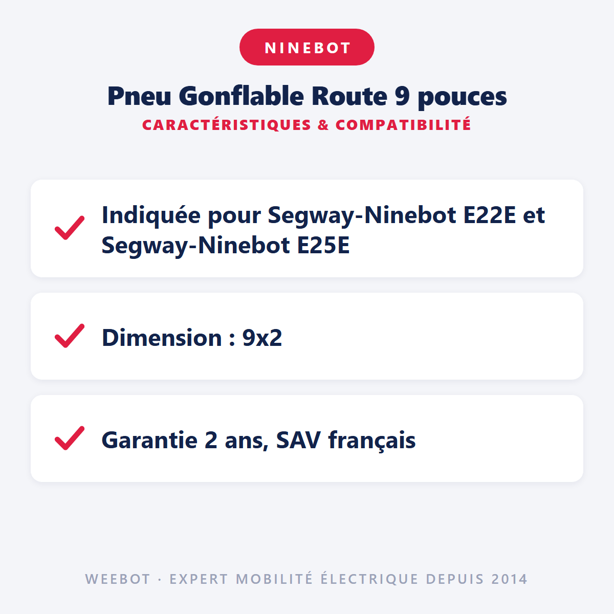 Pneu Gonflable Route 9 pouces (9X2.00-6) pour Trottinette Electrique Ninebot E22E, E25E, E45E - Weebot
