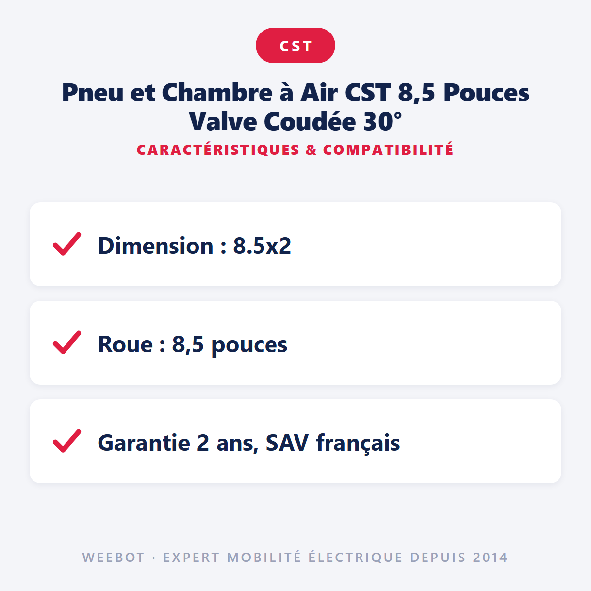 Pneu et Chambre à Air CST 8,5 Pouces Valve Coudée 30° : caractéristiques et compatibilité