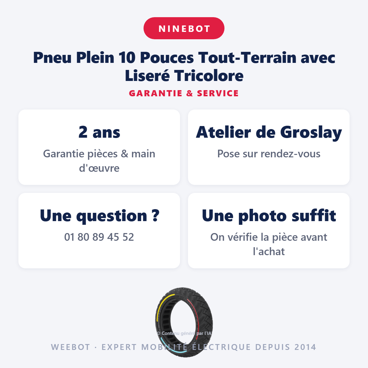 Pneu Plein 10 Pouces Tout-Terrain avec Liseré Tricolore : garantie 2 ans et service après-vente