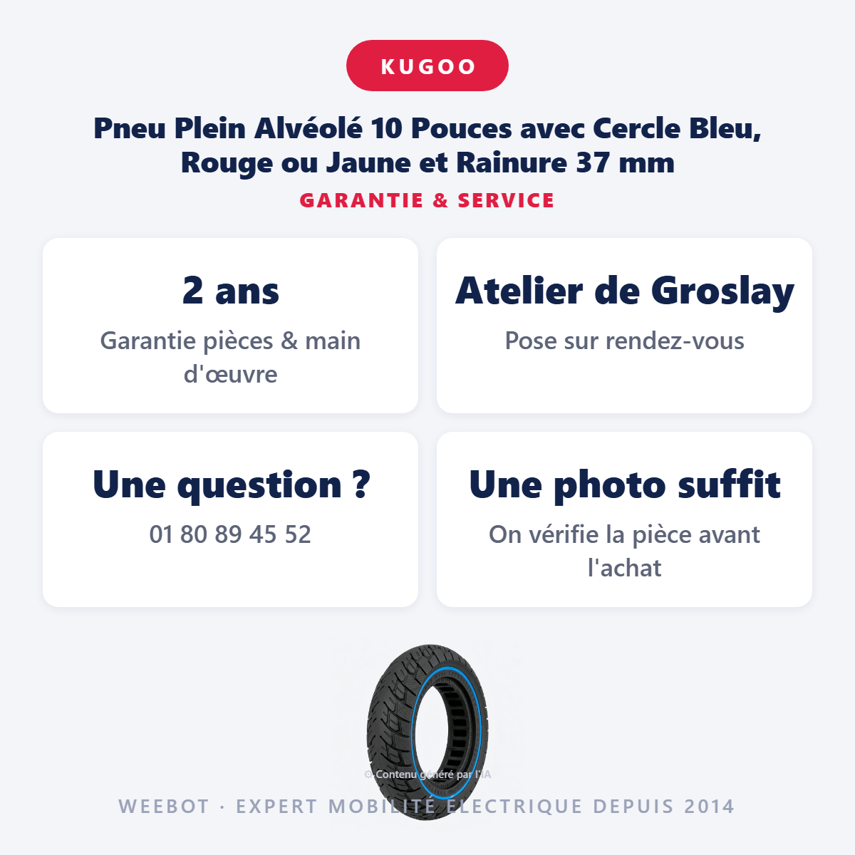 Pneu Plein Alvéolé 10 Pouces avec Cercle Bleu, Rouge ou Jaune et Rainure 37 mm : garantie 2 ans et service après-vente