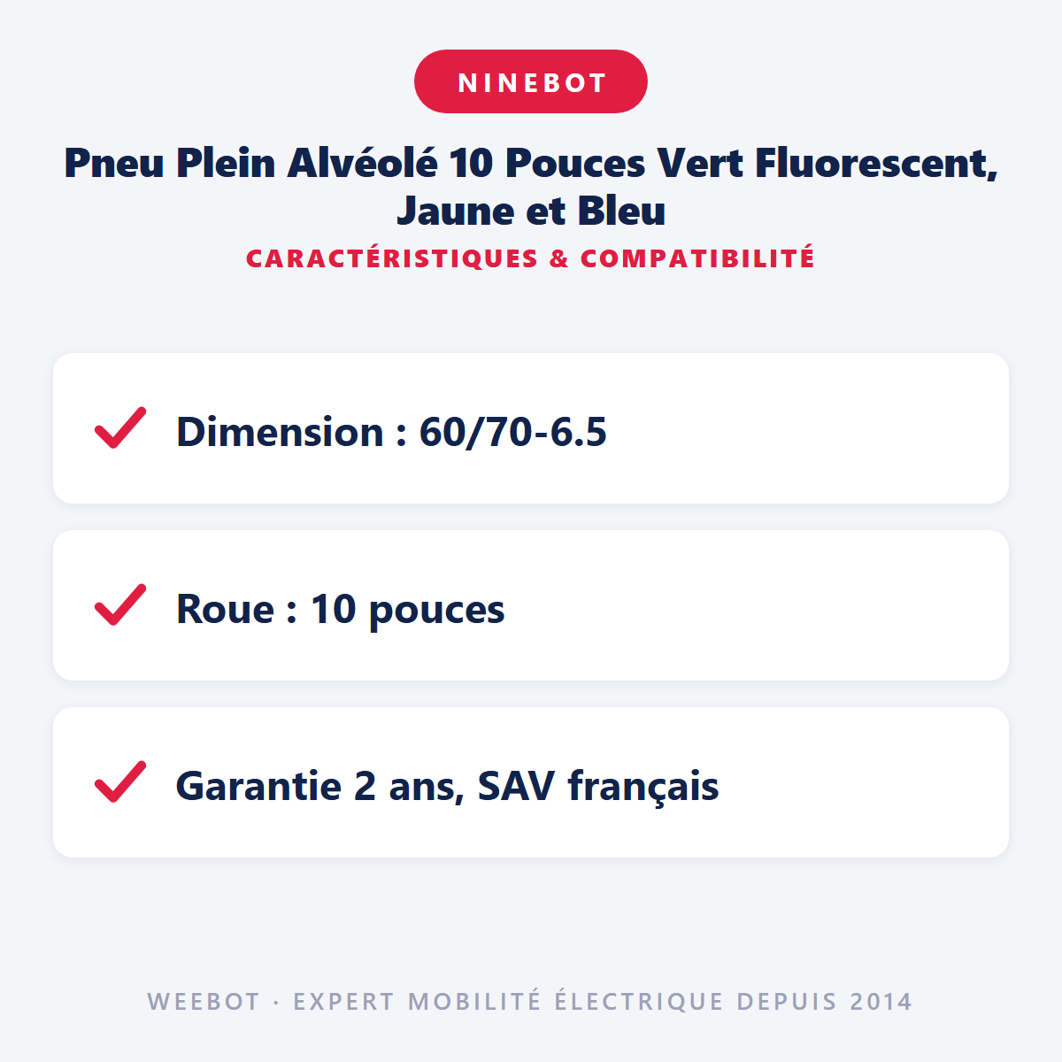 Pneu Plein Alvéolé 10 Pouces Vert Fluorescent, Jaune et Bleu : caractéristiques et compatibilité