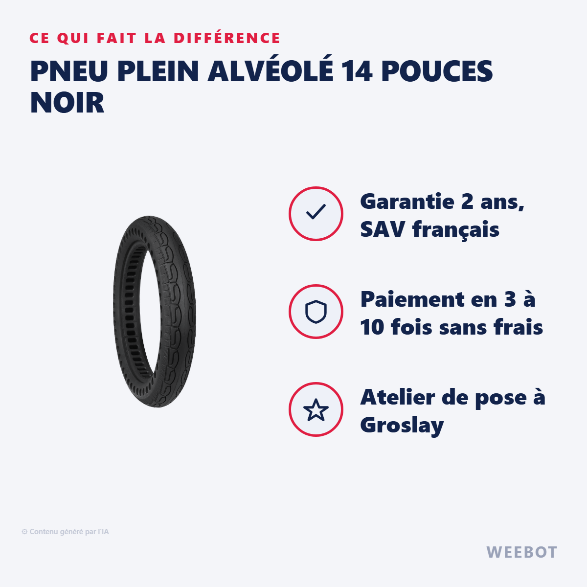 Pneu Plein Alvéolé 14 Pouces Noir : les points forts