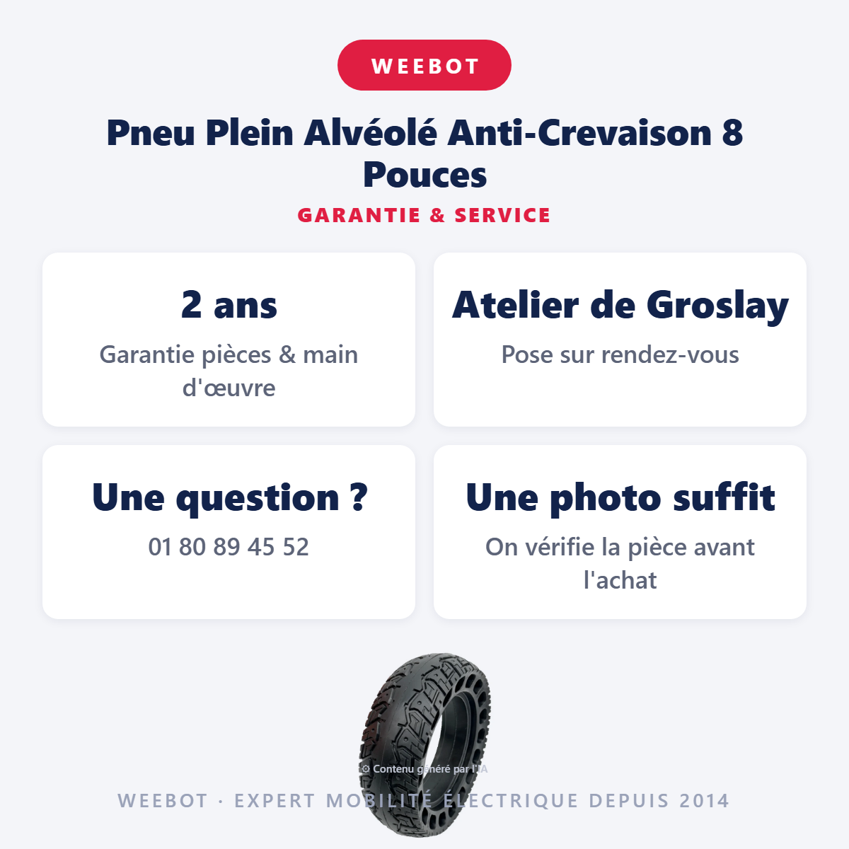 Pneu Plein Alvéolé Anti-Crevaison 8 Pouces : garantie 2 ans et service après-vente