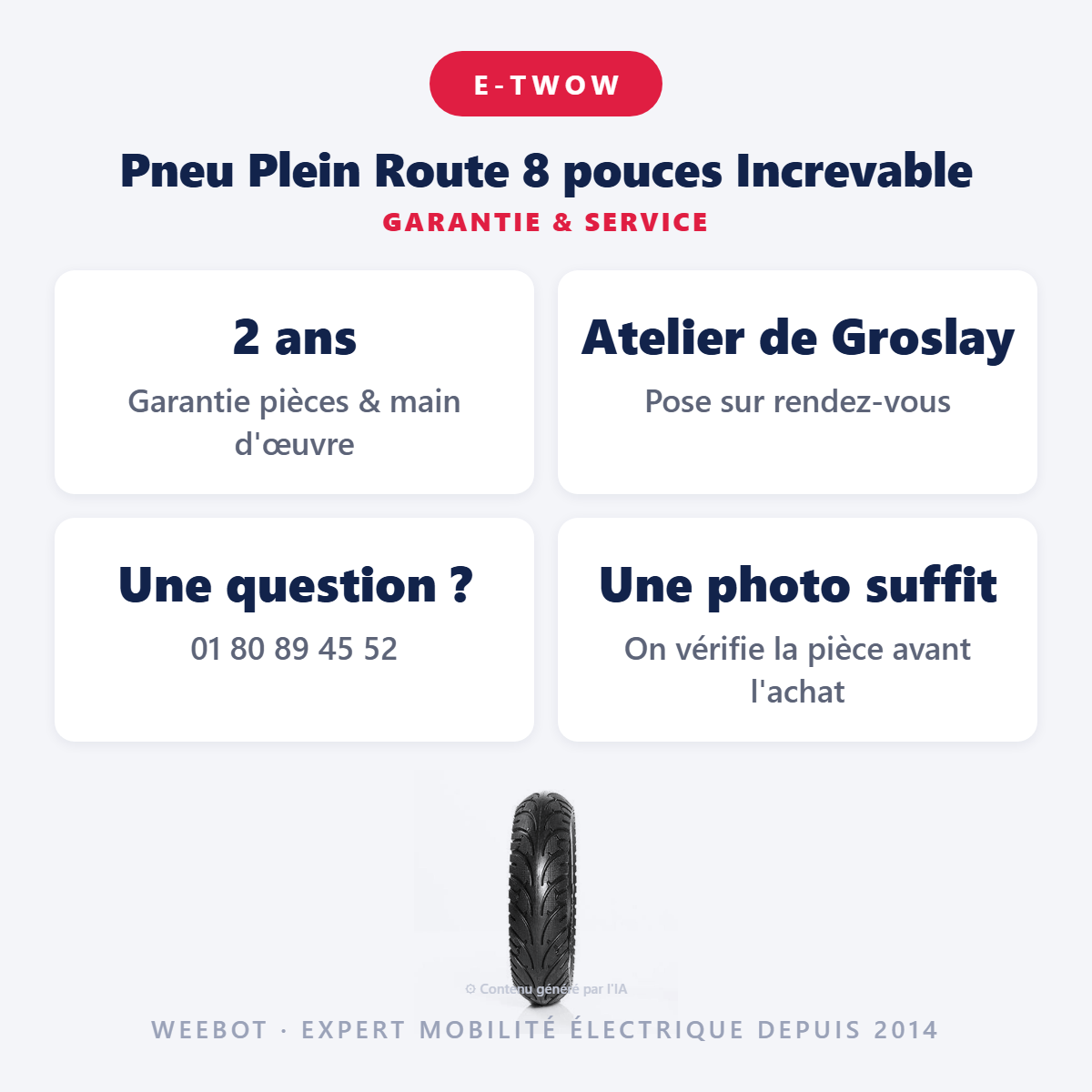 Pneu Plein Route 8 pouces Increvable : garantie 2 ans et service après-vente