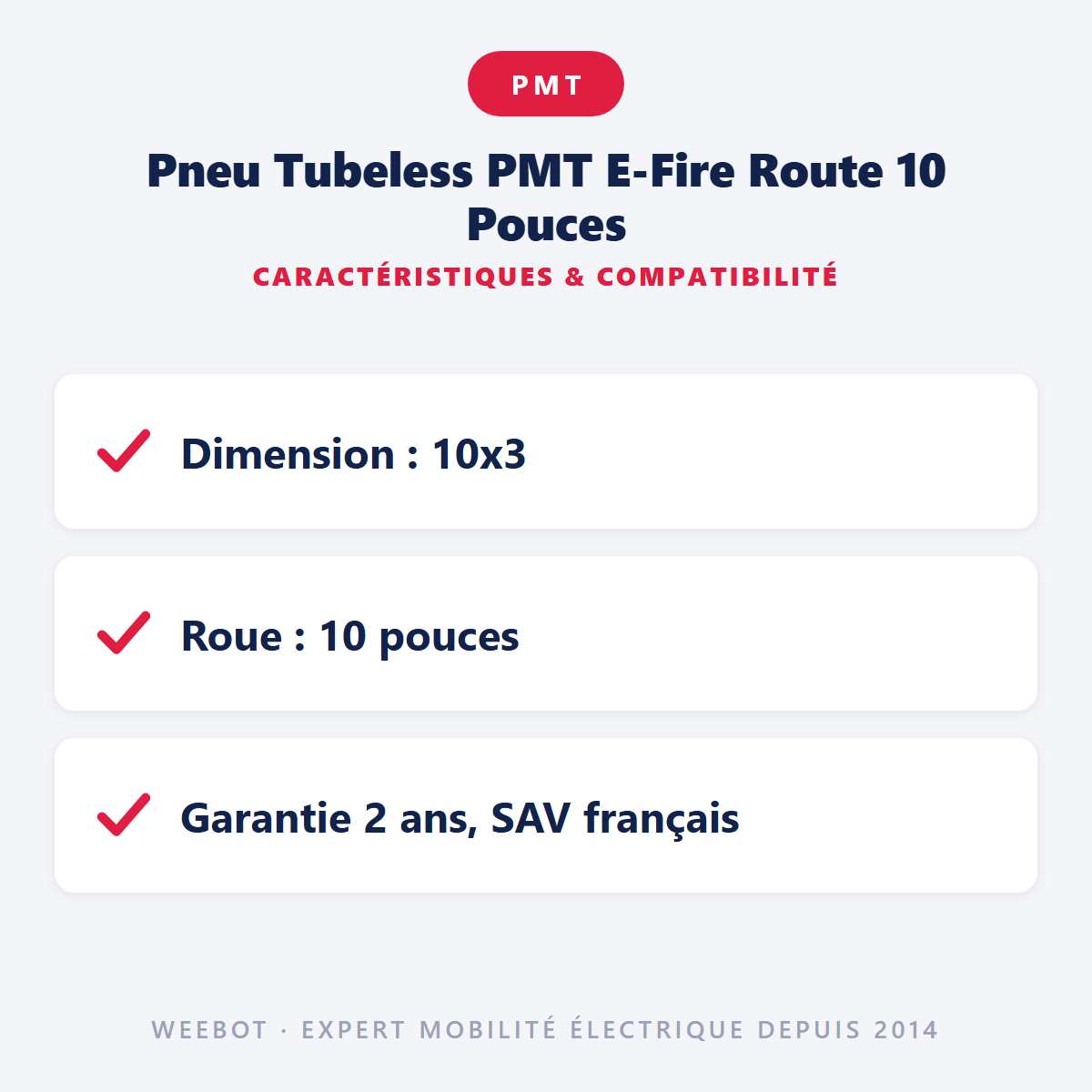Pneu Tubeless PMT E-Fire Route 10 Pouces : caractéristiques et compatibilité