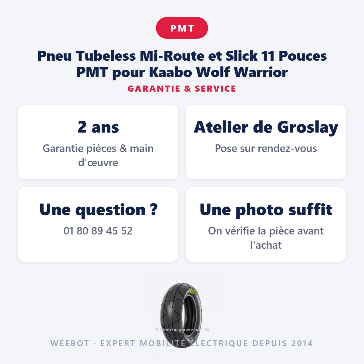 Pneu Tubeless Mi-Route et Slick 11 Pouces PMT  pour Kaabo Wolf Warrior : garantie 2 ans et service après-vente