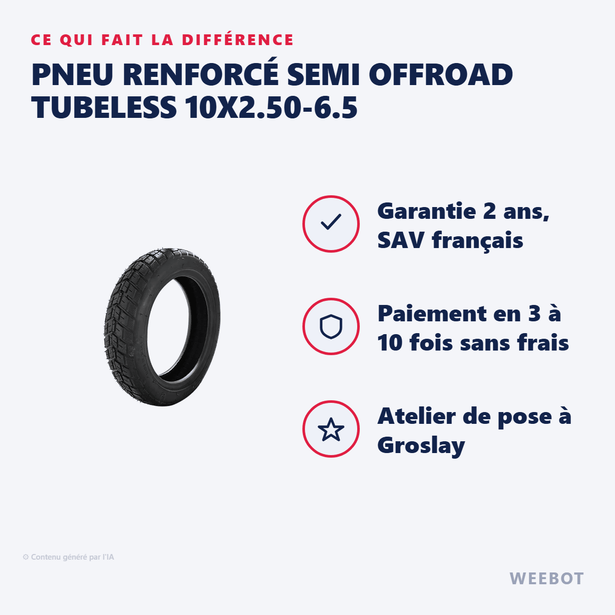 Pneu Renforcé Semi Offroad Tubeless 10x2.50-6.5 pour Trottinette Électrique Jeep Adventure - Weebot