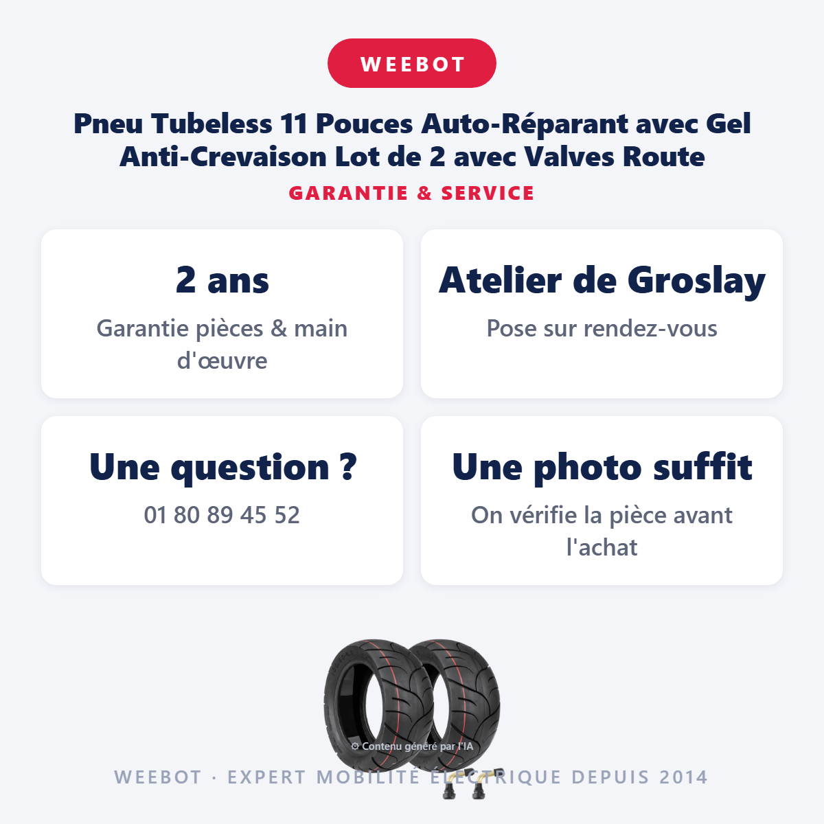 Pneu Tubeless 11 Pouces Auto-Réparant avec Gel Anti-Crevaison Lot de 2 avec Valves Route : garantie 2 ans et service après-vente