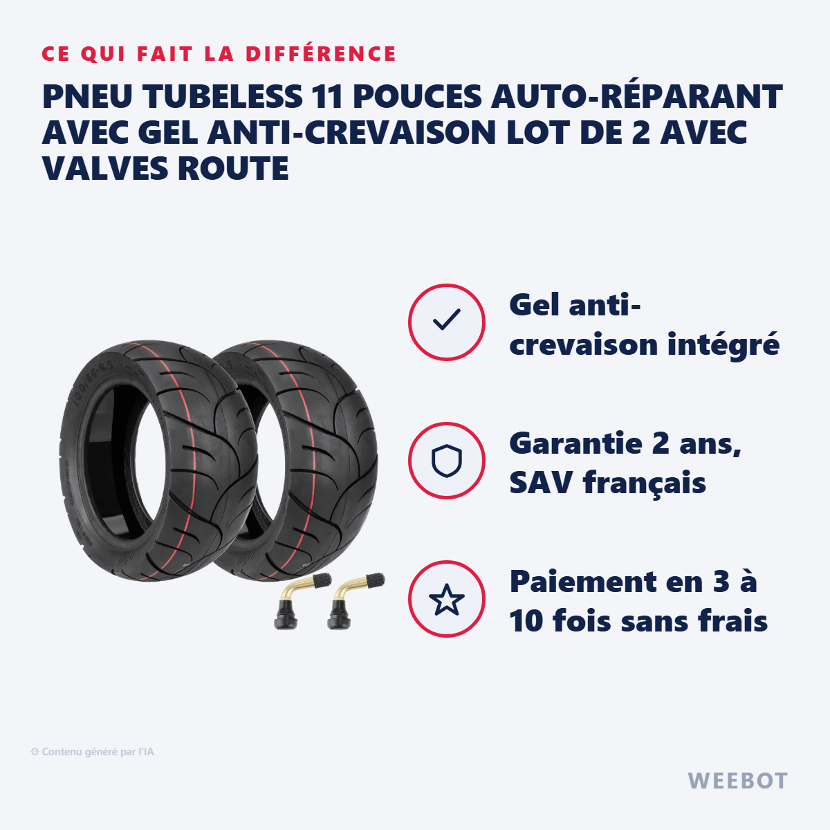 Pneu Tubeless 11 Pouces Auto-Réparant avec Gel Anti-Crevaison Lot de 2 avec Valves Route : les points forts
