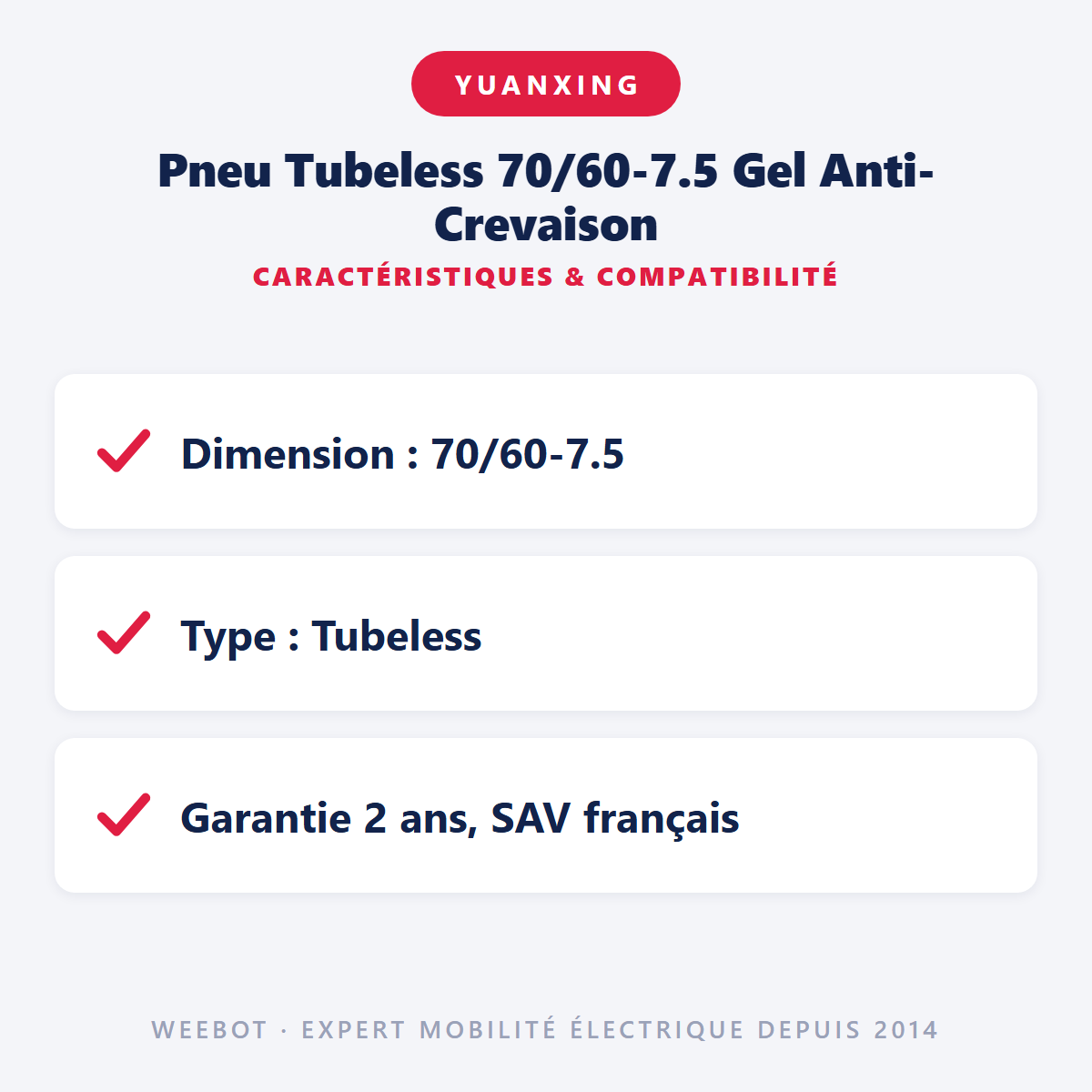 Pneu Tubeless 70/60-7.5 Gel Anti-Crevaison : caractéristiques et compatibilité