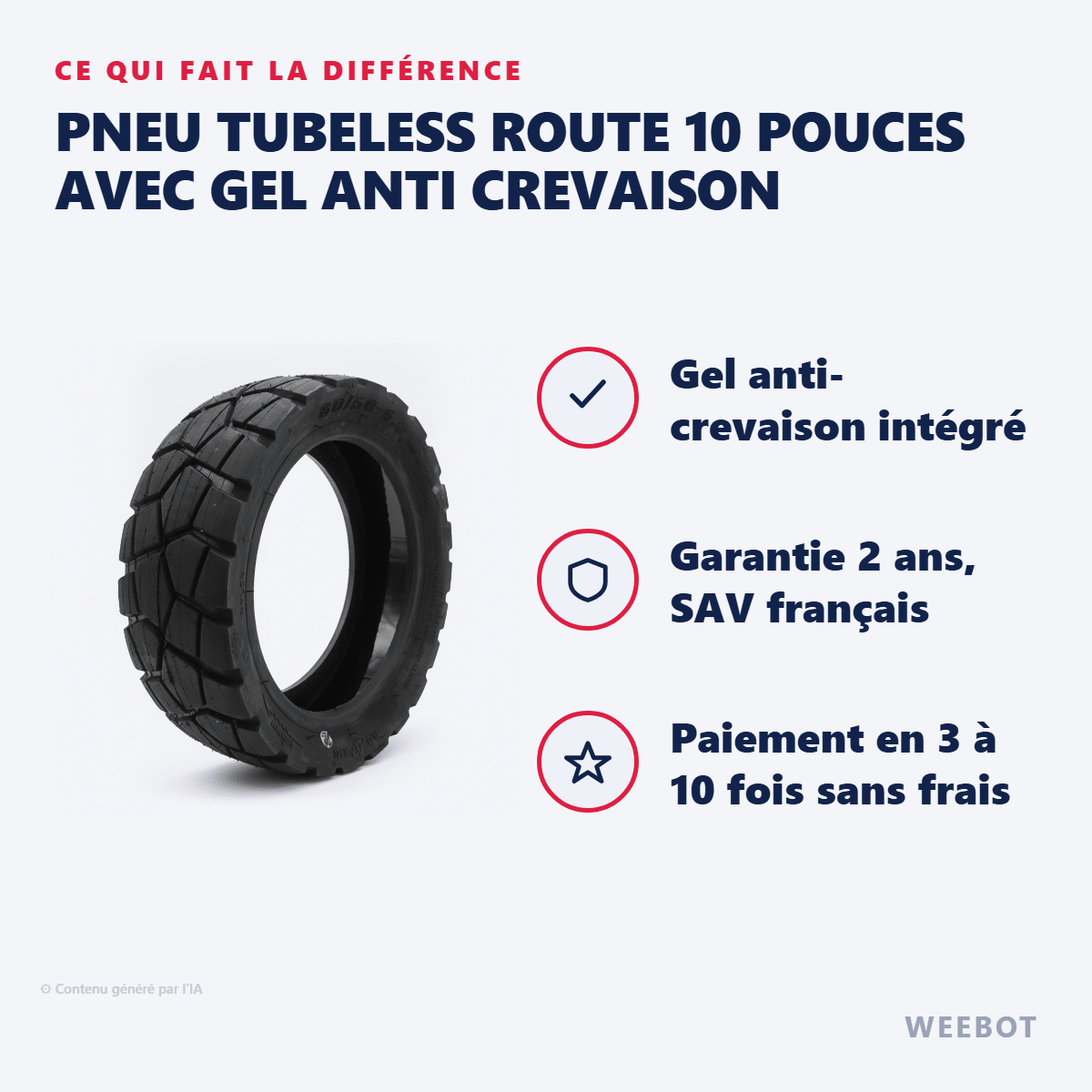 Pneu Tubeless Route 10 Pouces (80/50-6.5) avec Gel Anti Crevaison pour Trottinette Électrique (Dualtron, Weebot, Zero, Speedtrott, Eroz) - Weebot
