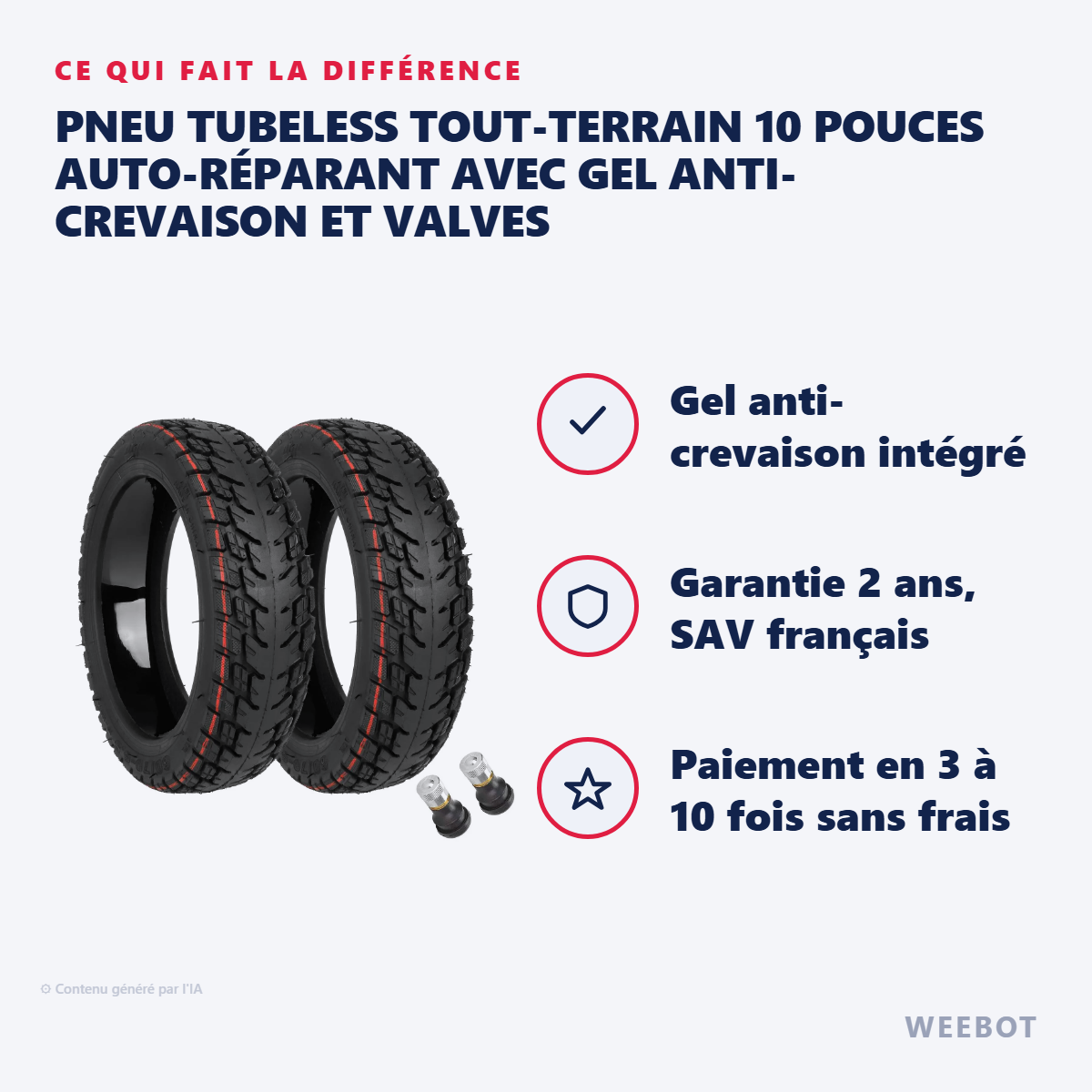 Pneu Tubeless Tout-Terrain 10 Pouces Auto-Réparant avec Gel Anti-Crevaison et Valves : les points forts