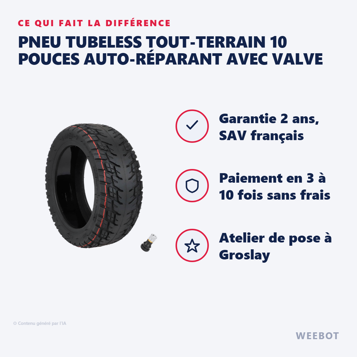 Pneu Tubeless Tout-Terrain 10 Pouces Auto-Réparant avec Valve : les points forts