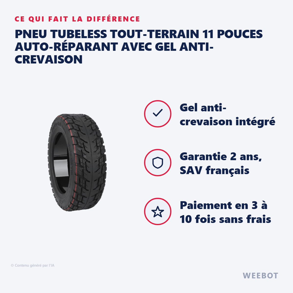 Pneu Tubeless Tout-Terrain 11 Pouces Auto-Réparant avec Gel Anti-Crevaison : les points forts
