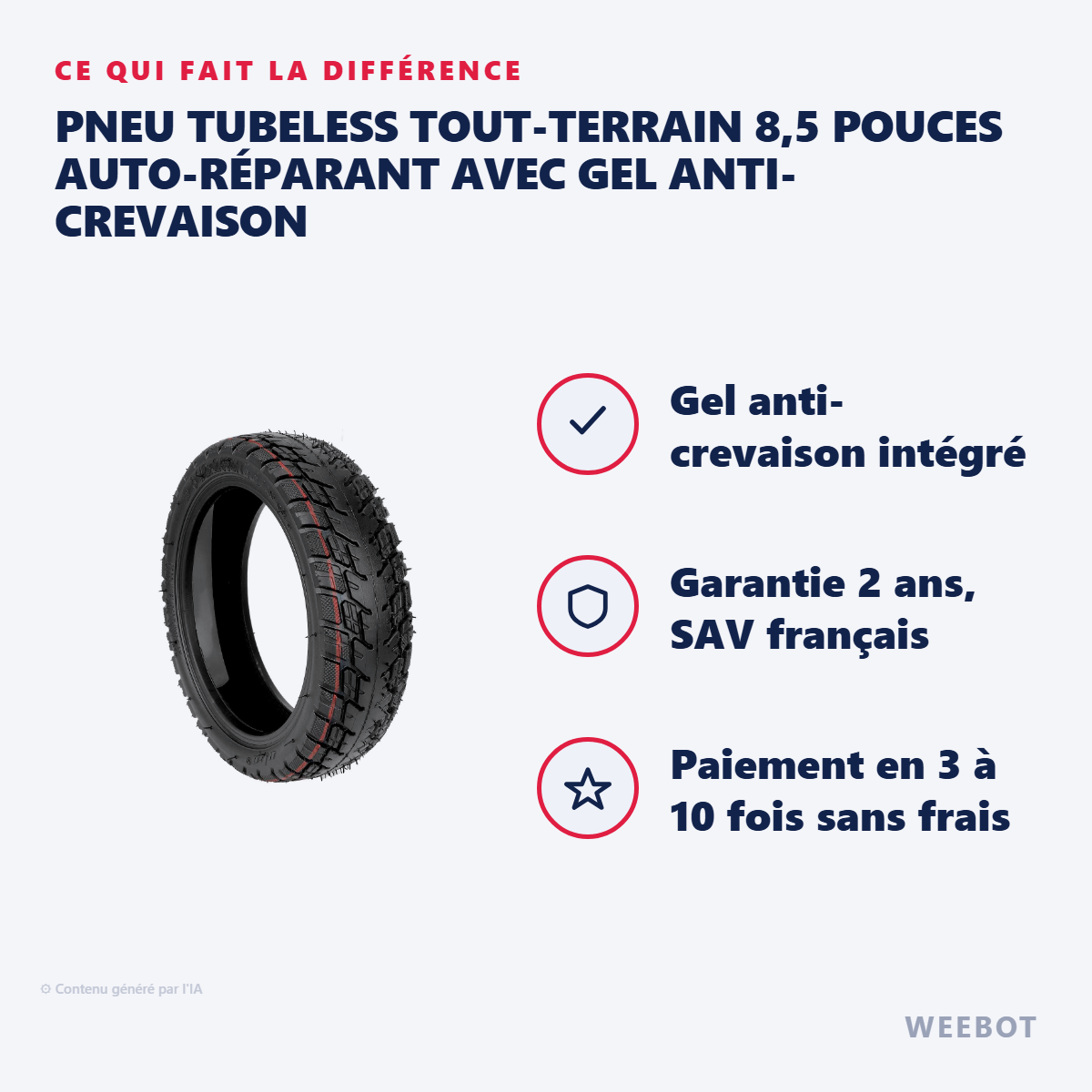 Pneu Tubeless Tout-Terrain 8,5 Pouces Auto-Réparant avec Gel Anti-Crevaison : les points forts