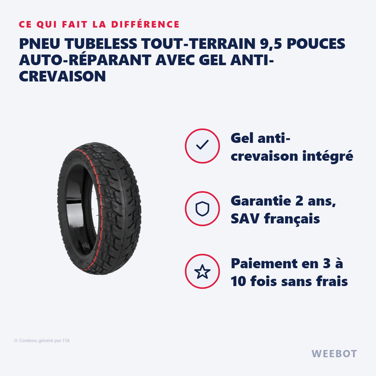 Pneu Tubeless Tout-Terrain 9,5 Pouces Auto-Réparant avec Gel Anti-Crevaison : les points forts