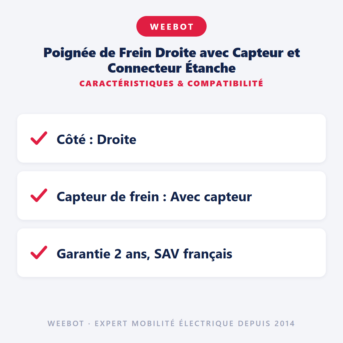 Poignée de Frein Droite avec Capteur et Connecteur Étanche : caractéristiques et compatibilité