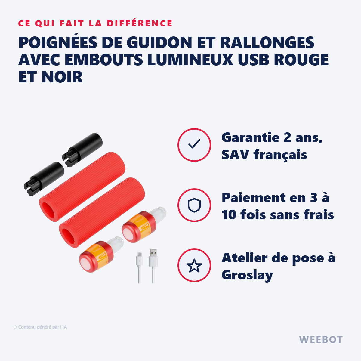 Poignées de Guidon et Rallonges avec Embouts Lumineux USB Rouge et Noir : les points forts