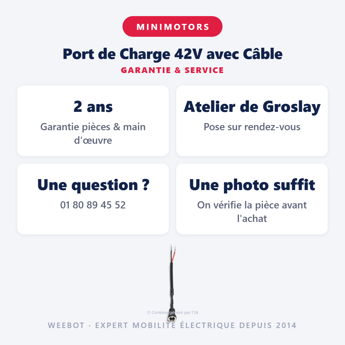 Port de Charge 42V avec Câble : garantie 2 ans et service après-vente