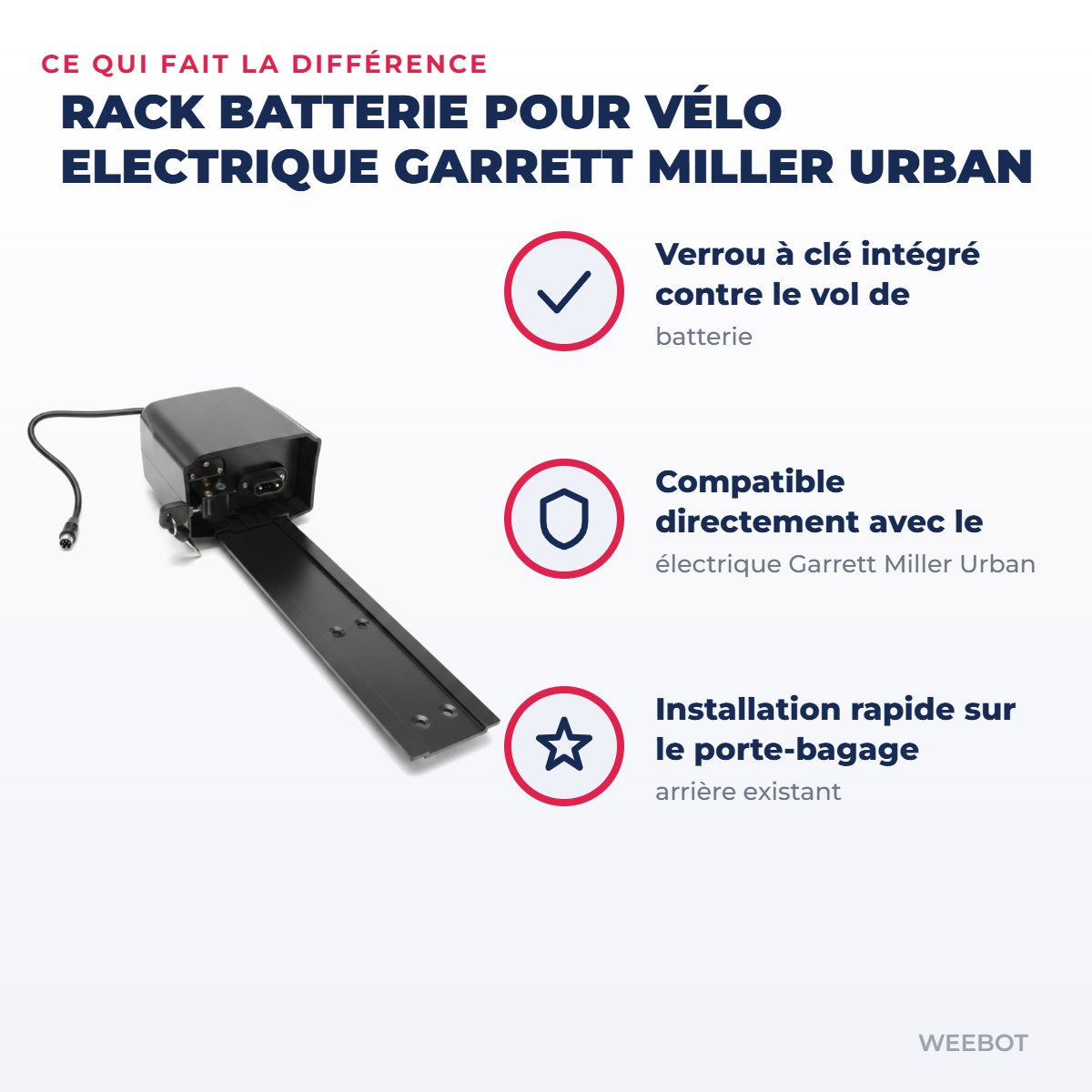 Rack Batterie pour Vélo Electrique Garrett Miller Urban — points forts : Verrou à clé intégré contre le vol de