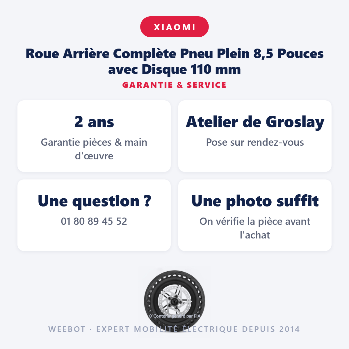 Roue Arrière Complète Pneu Plein 8,5 Pouces avec Disque 110 mm : garantie 2 ans et service après-vente