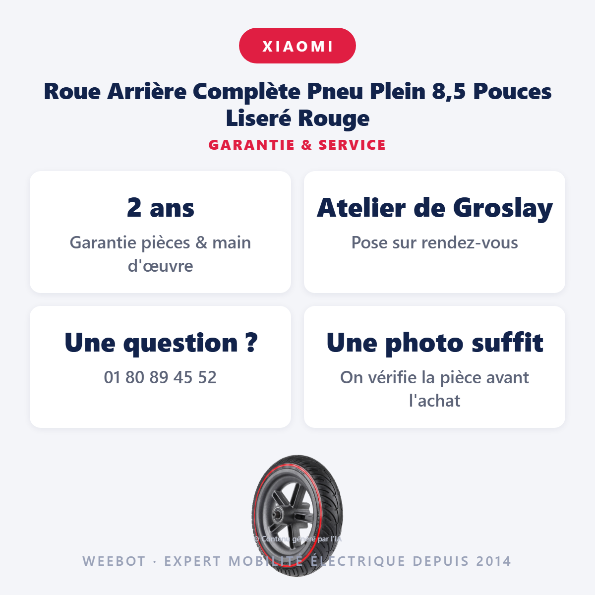 Roue Arrière Complète Pneu Plein 8,5 Pouces Liseré Rouge : garantie 2 ans et service après-vente