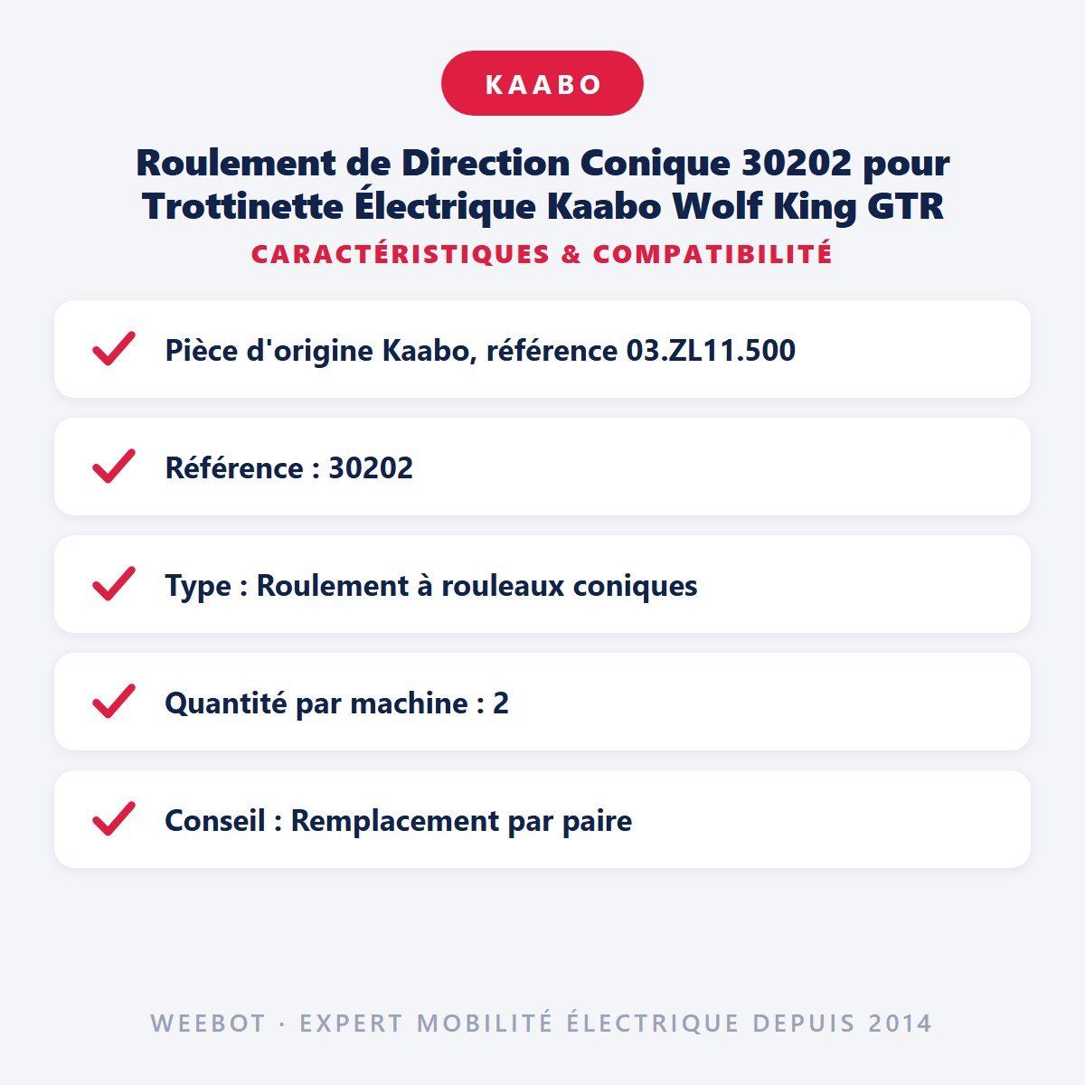 Roulement de Direction Conique 30202 pour Trottinette Électrique Kaabo Wolf King GTR - Weebot