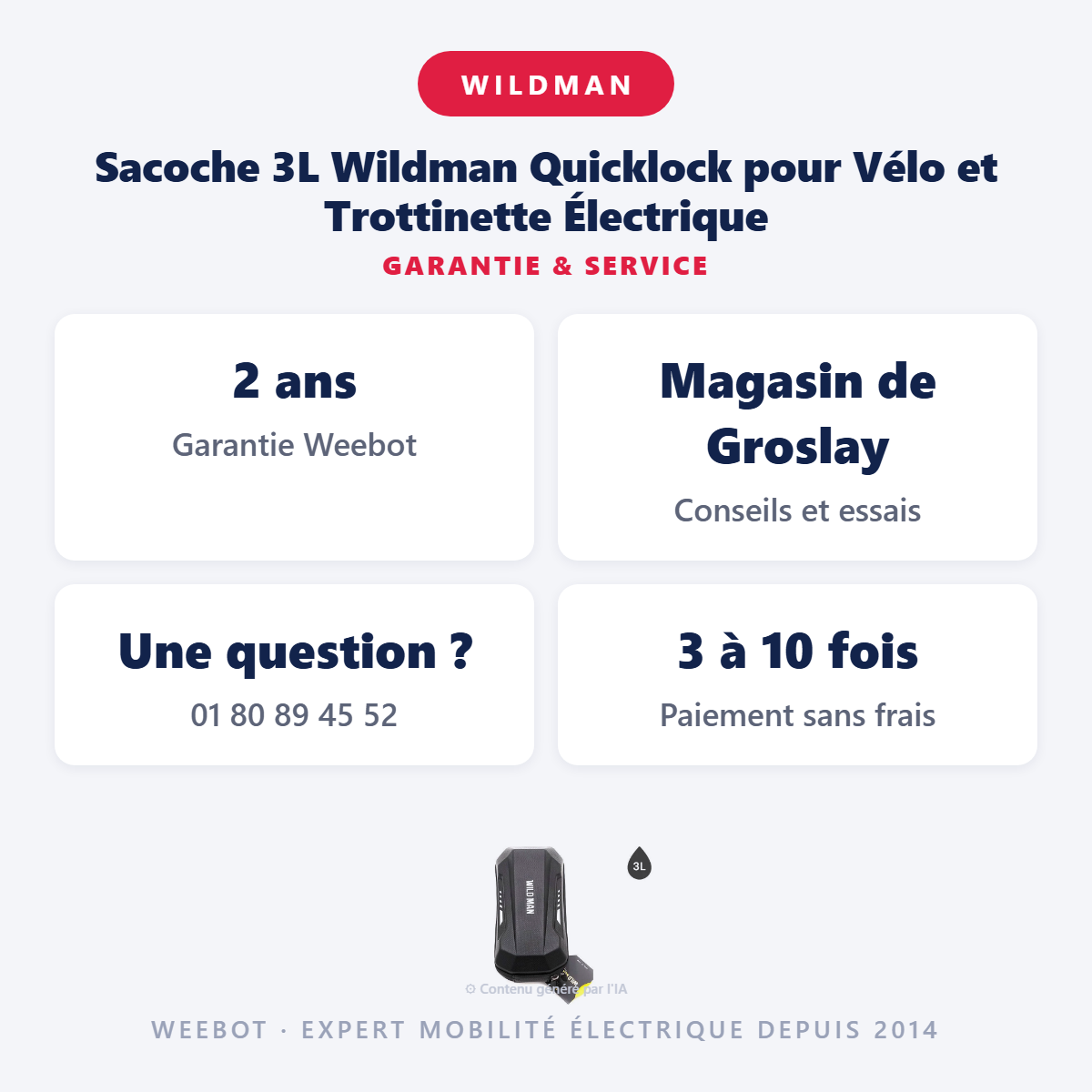 Sacoche 3L Wildman Quicklock pour Vélo et Trottinette Électrique : garantie 2 ans et service après-vente