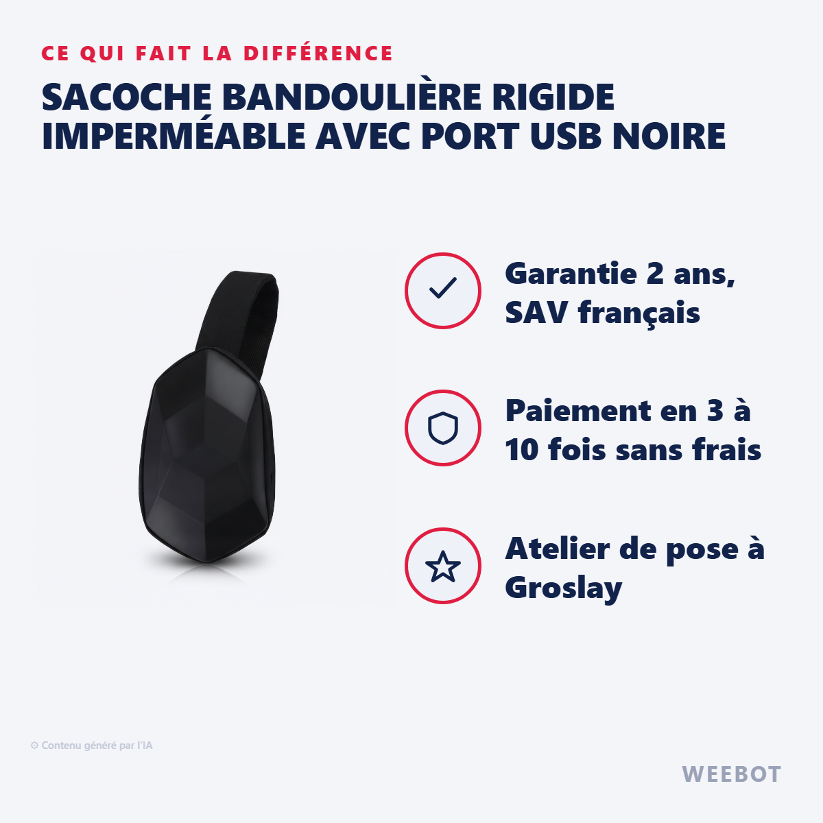 Sacoche Bandoulière Rigide Imperméable avec Port USB Noire : les points forts
