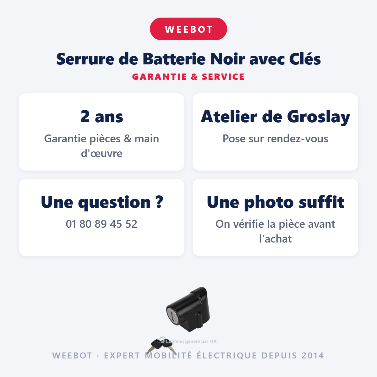 Serrure de Batterie Noir avec Clés : garantie 2 ans et service après-vente