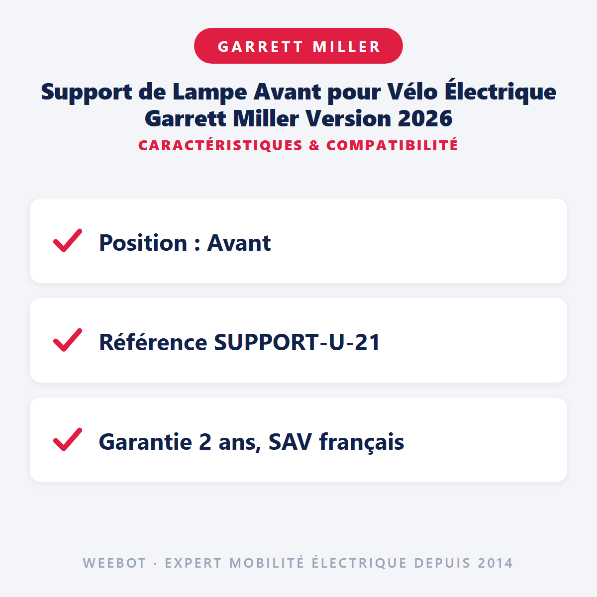 Support de Lampe Avant pour Vélo Électrique Garrett Miller Version 2026 - Weebot