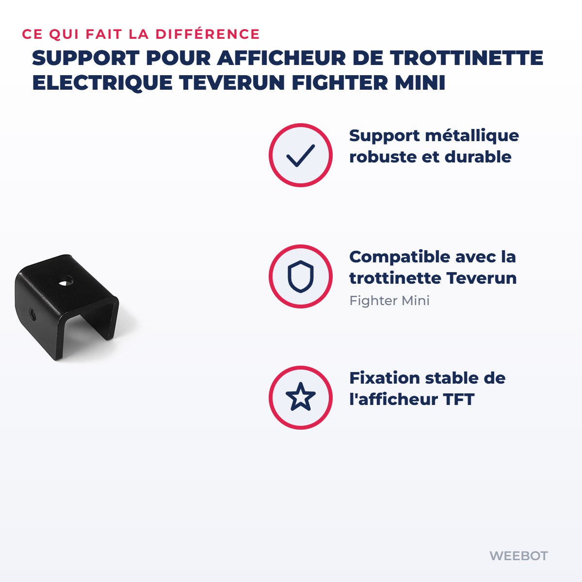 Support pour Afficheur de Trottinette Electrique Teverun Fighter Mini — points forts : Support métallique robuste et durable