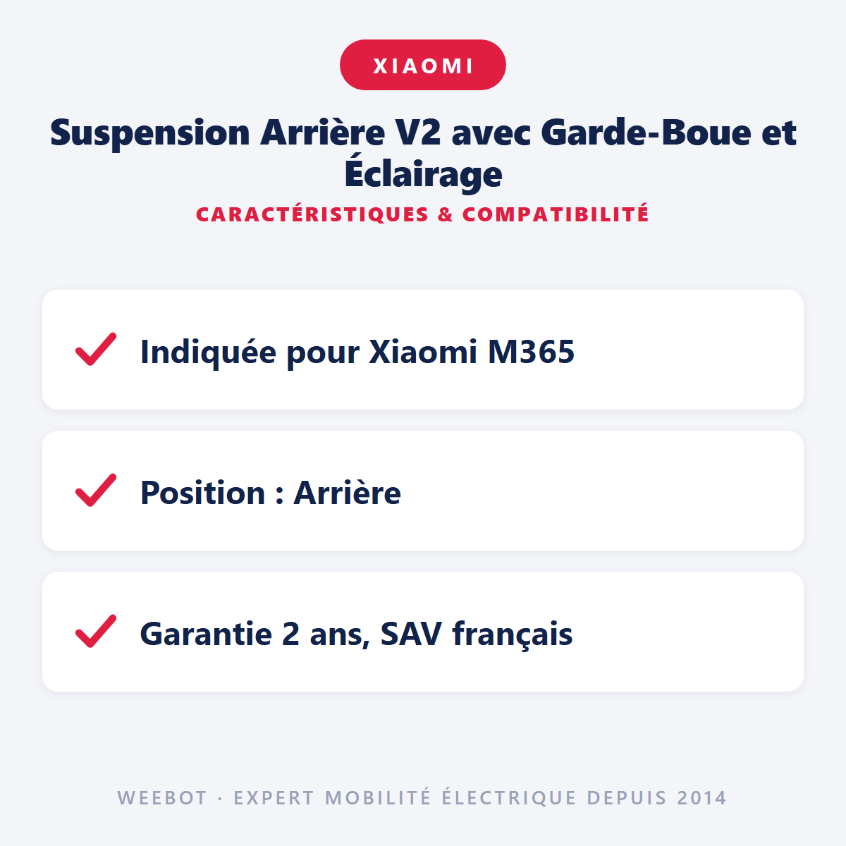 Suspension Arrière V2 avec Garde-Boue et Éclairage : caractéristiques et compatibilité