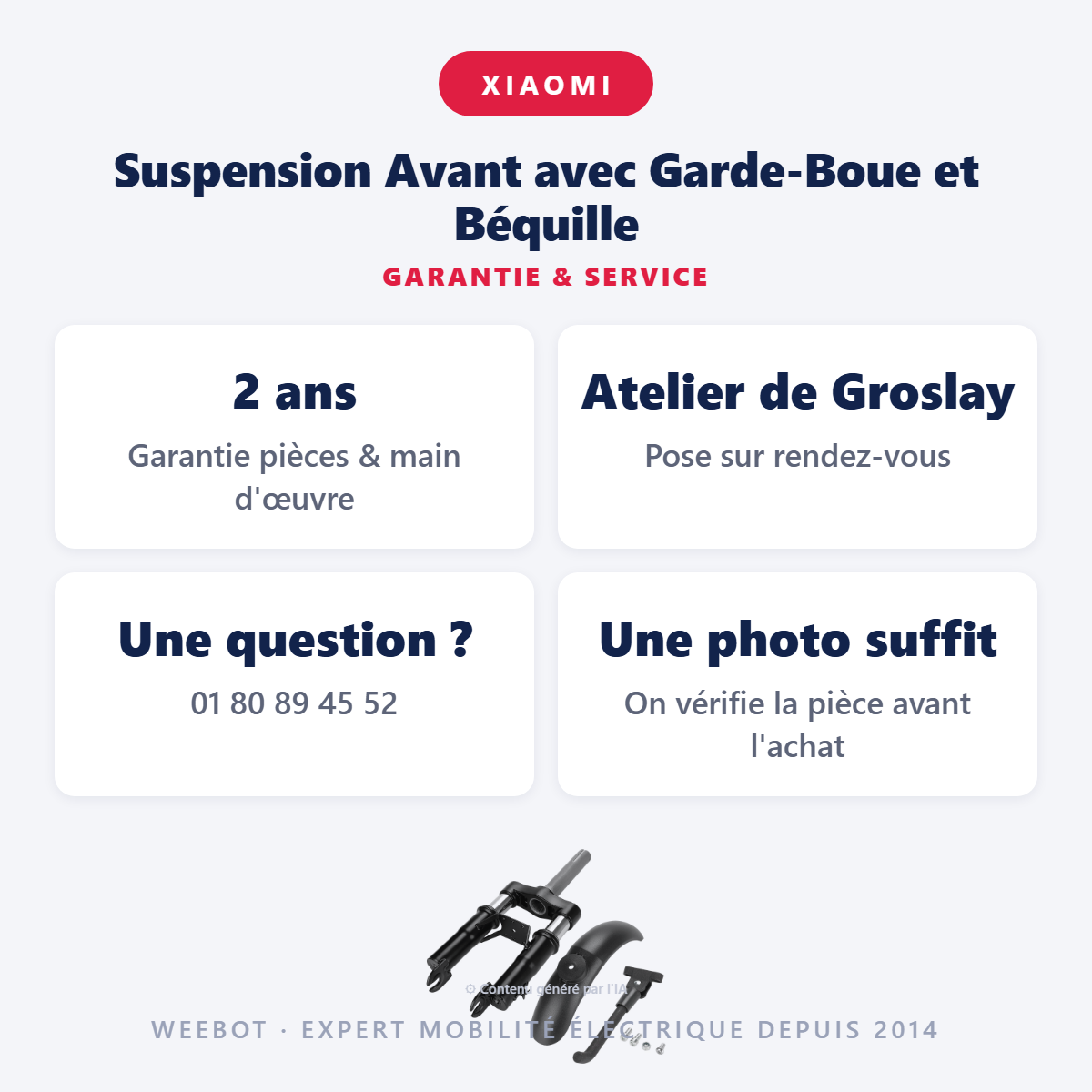 Suspension Avant avec Garde-Boue et Béquille : garantie 2 ans et service après-vente