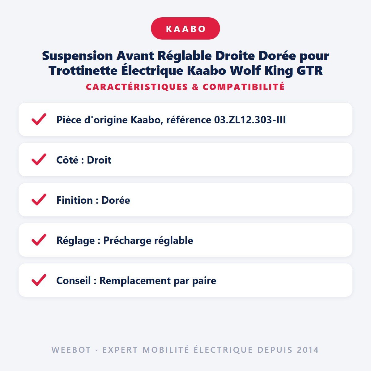 Suspension Avant Réglable Droite Dorée pour Trottinette Électrique Kaabo Wolf King GTR - Weebot