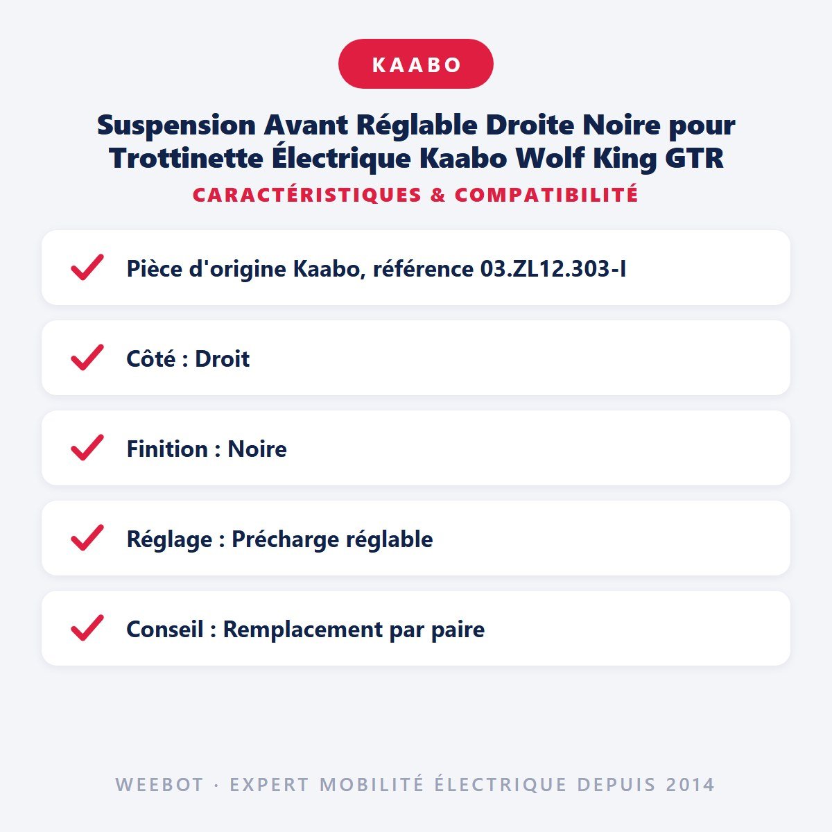 Suspension Avant Réglable Droite Noire pour Trottinette Électrique Kaabo Wolf King GTR - Weebot
