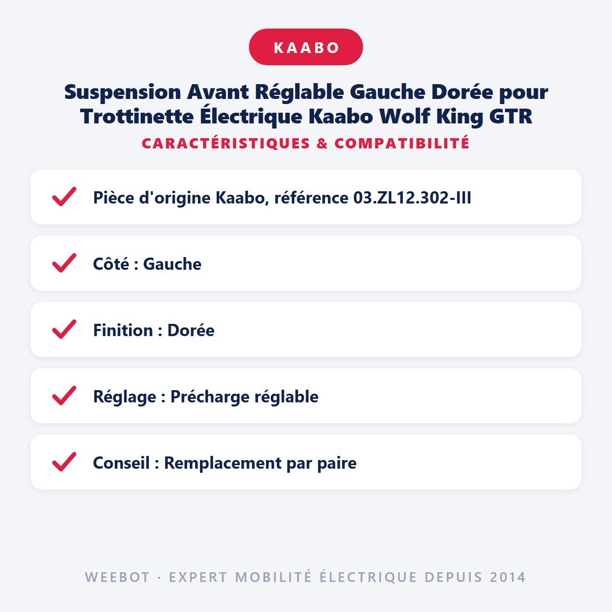 Suspension Avant Réglable Gauche Dorée pour Trottinette Électrique Kaabo Wolf King GTR - Weebot