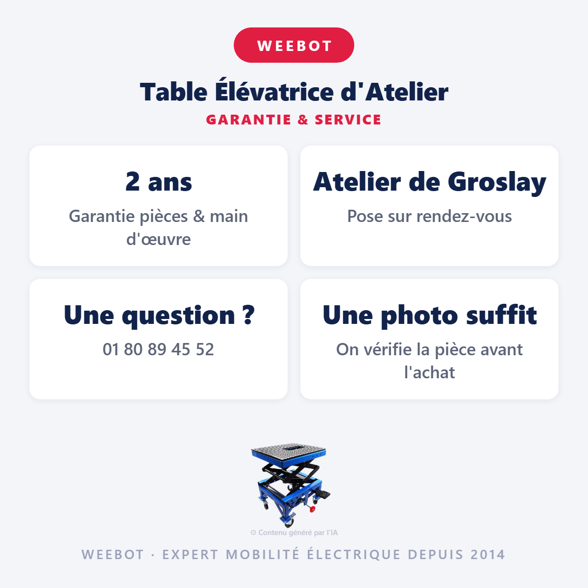 Table Élévatrice d'Atelier : garantie 2 ans et service après-vente